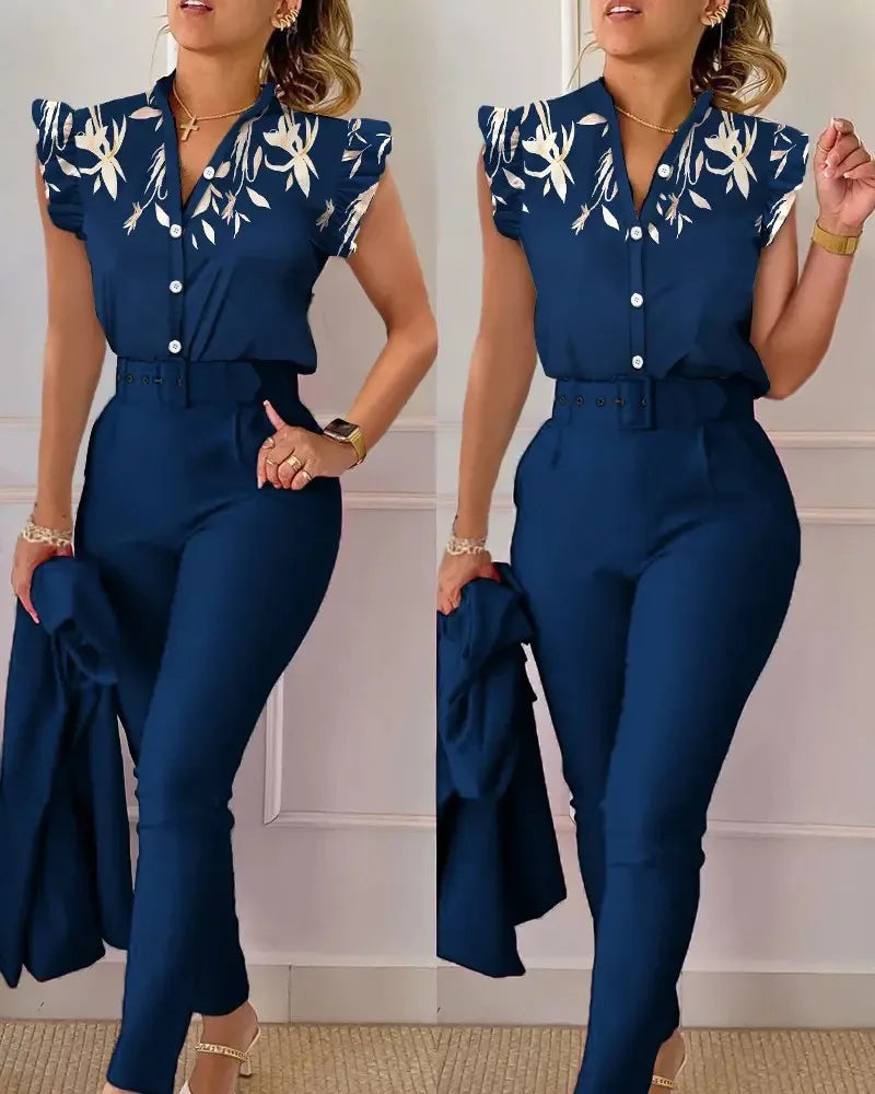 Chic Office 2 pieces Women's casual summer outfit with geometric print short sleeve blouse and solid color pants