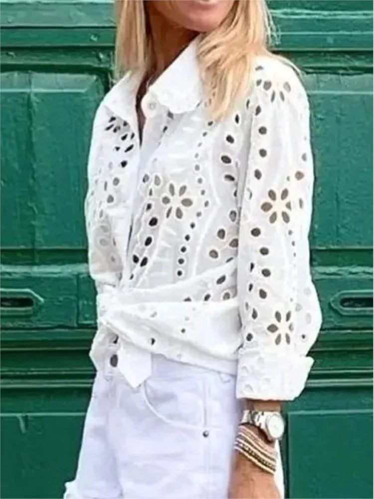 Women's Fashion White Long Sleeve Button Top Shirt