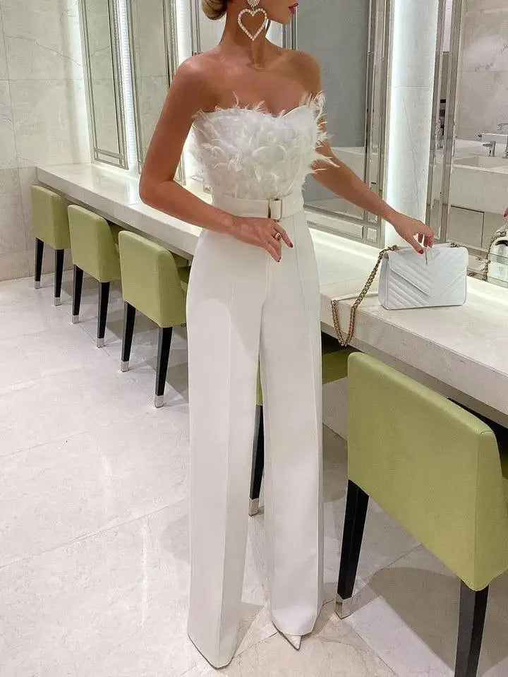 Firerie New Elegant Sexy Luxury Party Girl's Feather Decor Tube Top Jumpsuit Figure Flattering , White color, Autum/ Winter, for valentine day