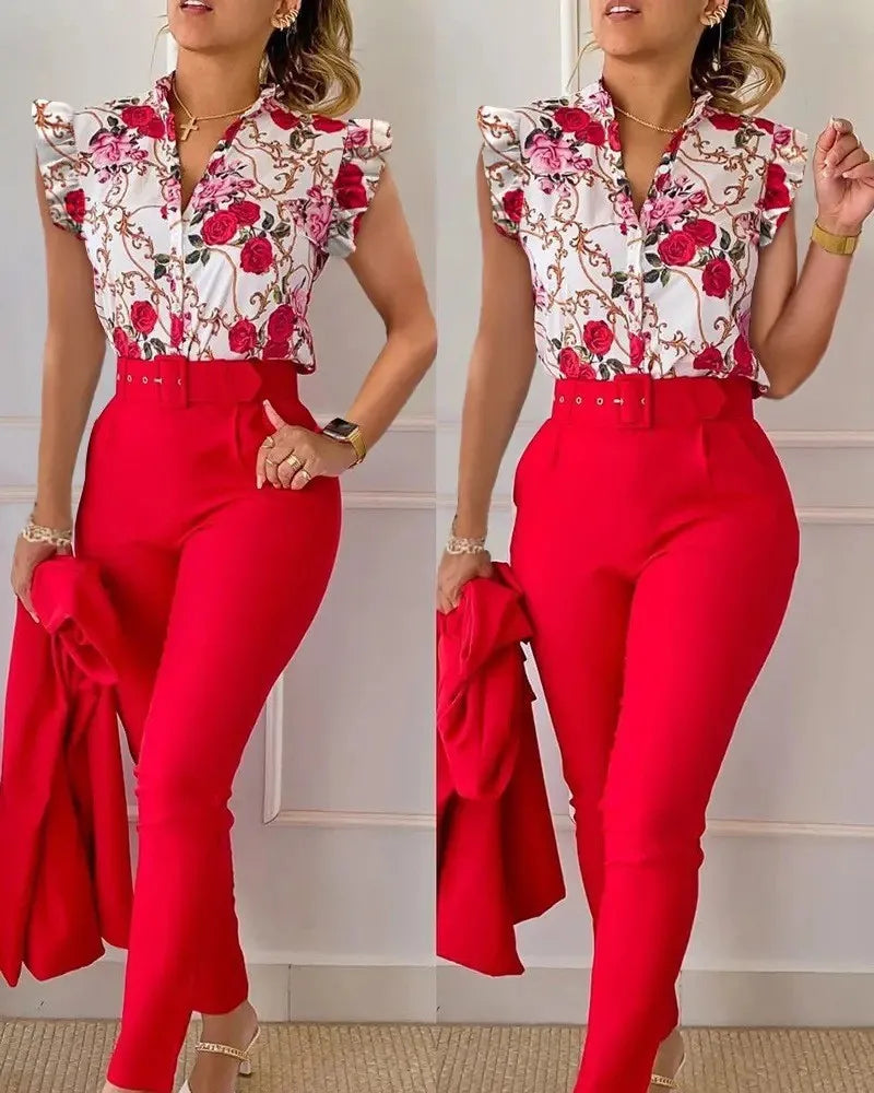 Chic Office 2 pieces Women's casual summer outfit with geometric print short sleeve blouse and solid color pants
