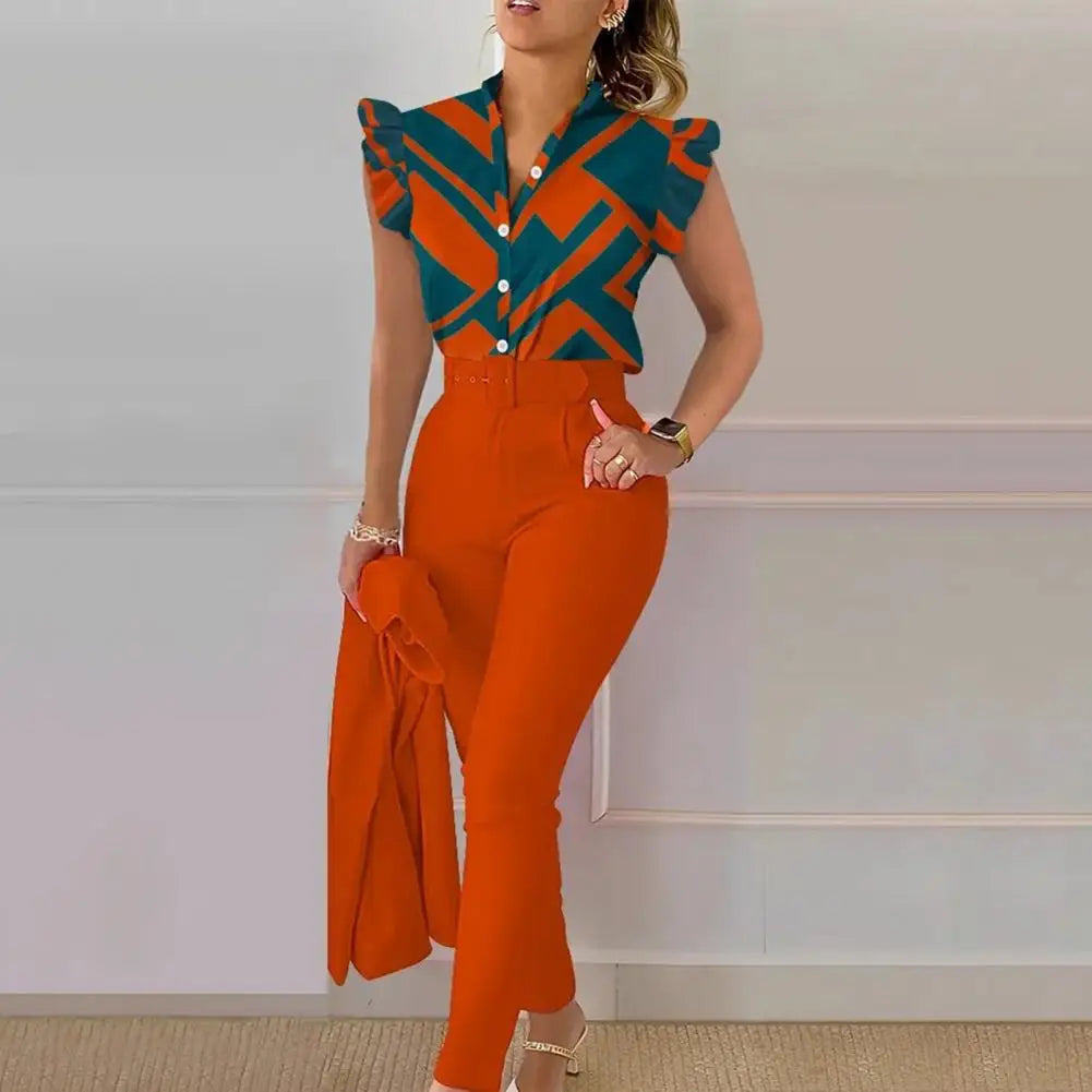 Chic Office 2 pieces Women's casual summer outfit with geometric print short sleeve blouse and solid color pants