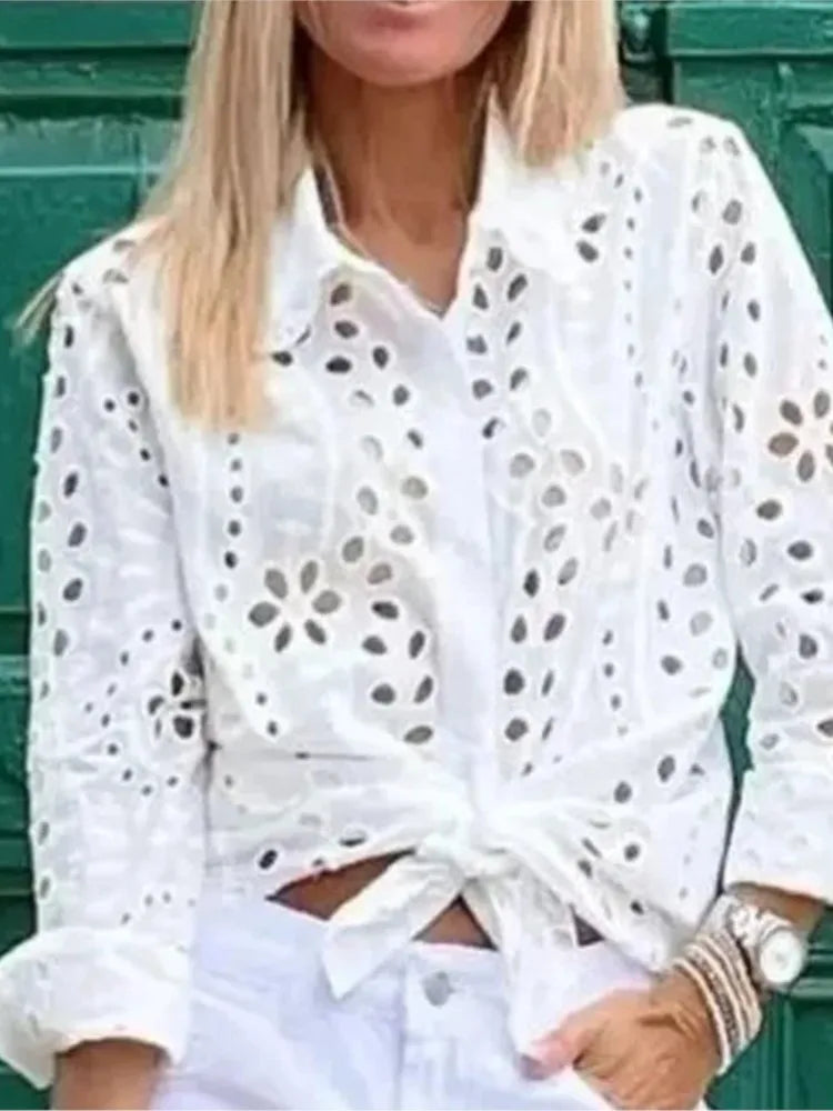 Women's Fashion White Long Sleeve Button Top Shirt