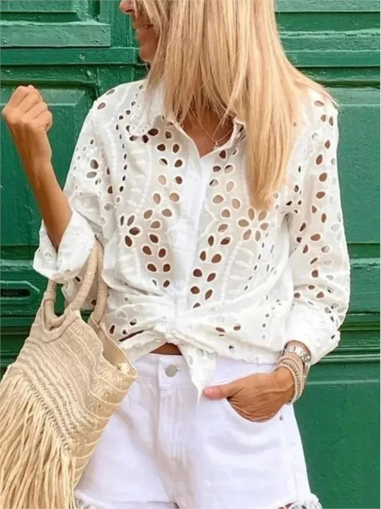 Women's Fashion White Long Sleeve Button Top Shirt