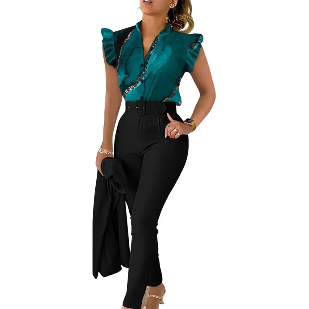 Chic Office 2 pieces Women's casual summer outfit with geometric print short sleeve blouse and solid color pants