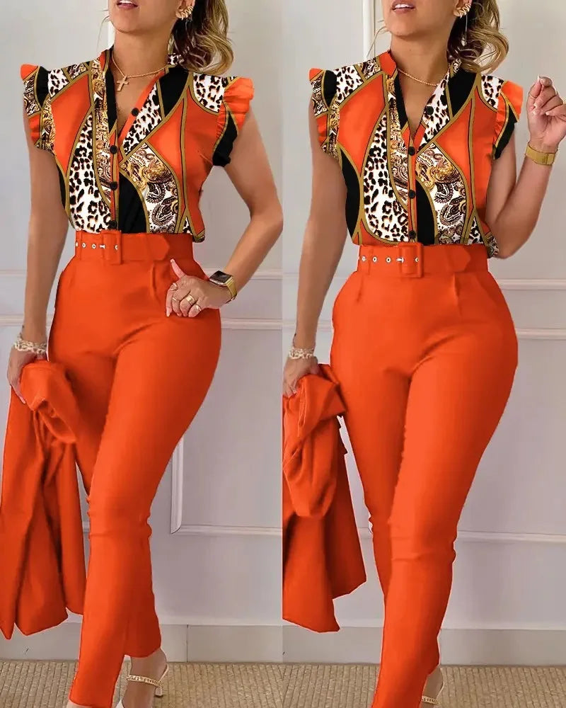 Chic Office 2 pieces Women's casual summer outfit with geometric print short sleeve blouse and solid color pants