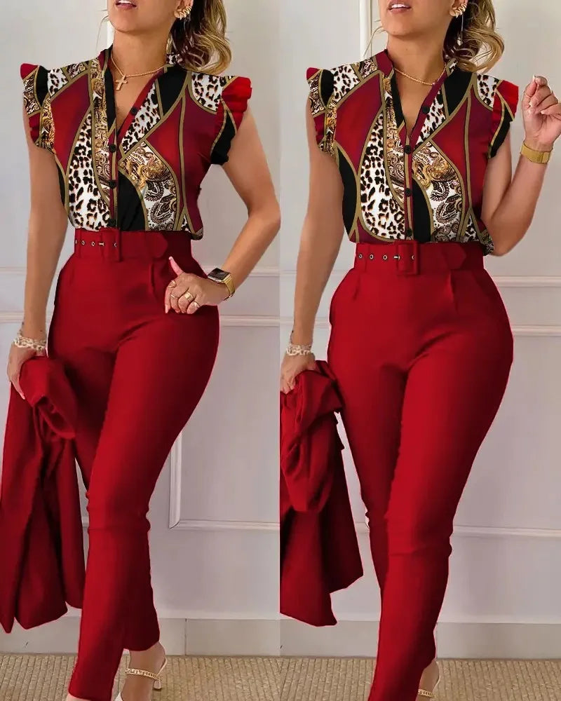 Chic Office 2 pieces Women's casual summer outfit with geometric print short sleeve blouse and solid color pants