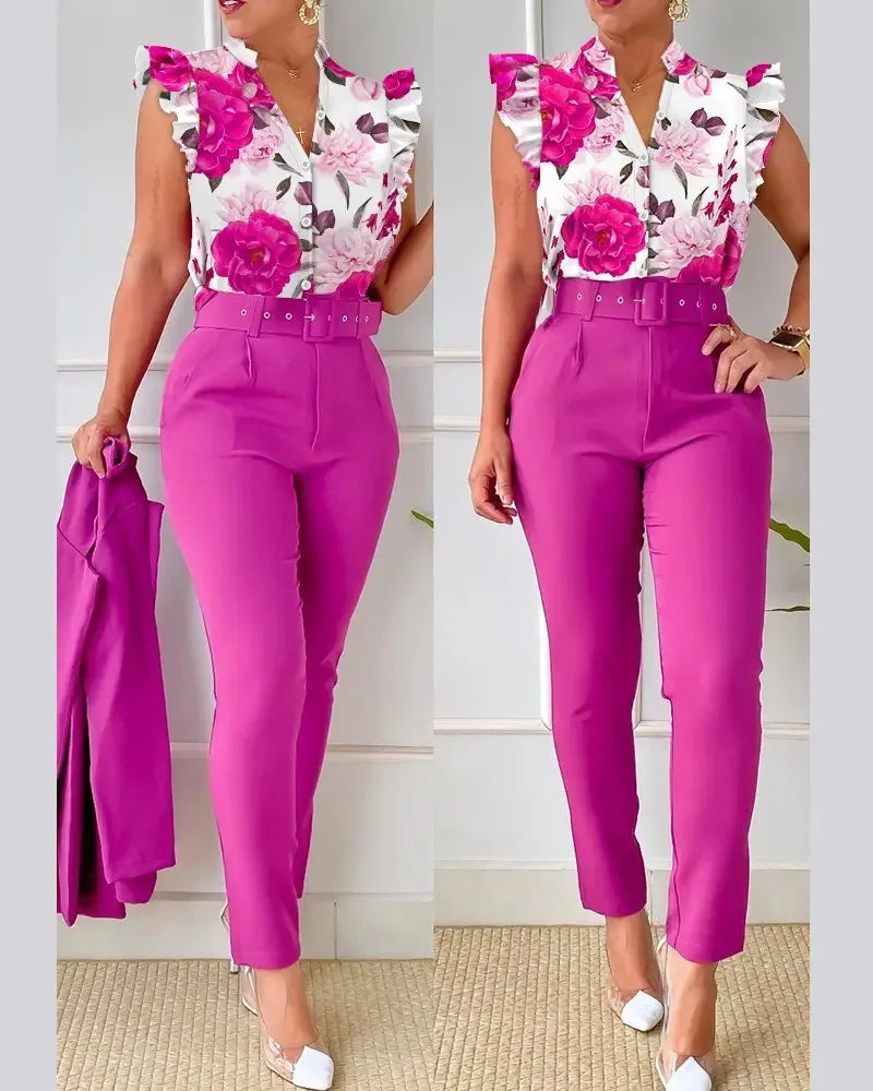 Chic Office 2 pieces Women's casual summer outfit with geometric print short sleeve blouse and solid color pants