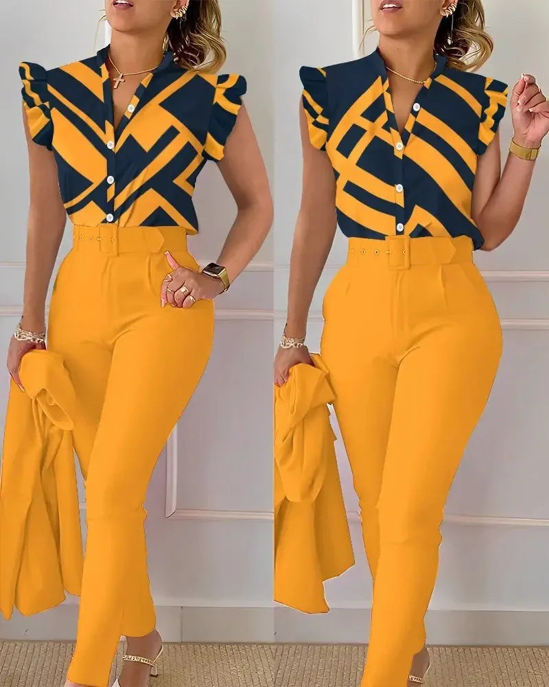Chic Office 2 pieces Women's casual summer outfit with geometric print short sleeve blouse and solid color pants