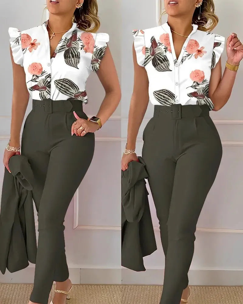 Chic Office 2 pieces Women's casual summer outfit with geometric print short sleeve blouse and solid color pants