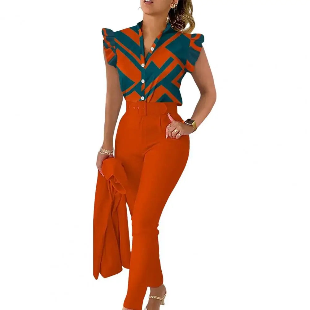 Chic Office 2 pieces Women's casual summer outfit with geometric print short sleeve blouse and solid color pants