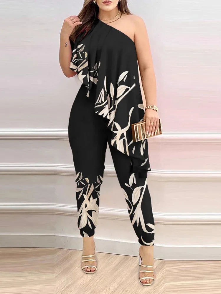 Chic Jumpsuit Floral Print Casual Ruffled Asymmetrical Nech for summer