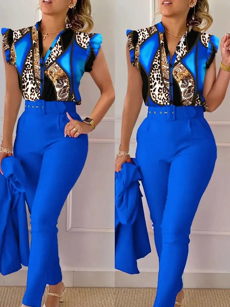 Chic Office 2 pieces Women's casual summer outfit with geometric print short sleeve blouse and solid color pants