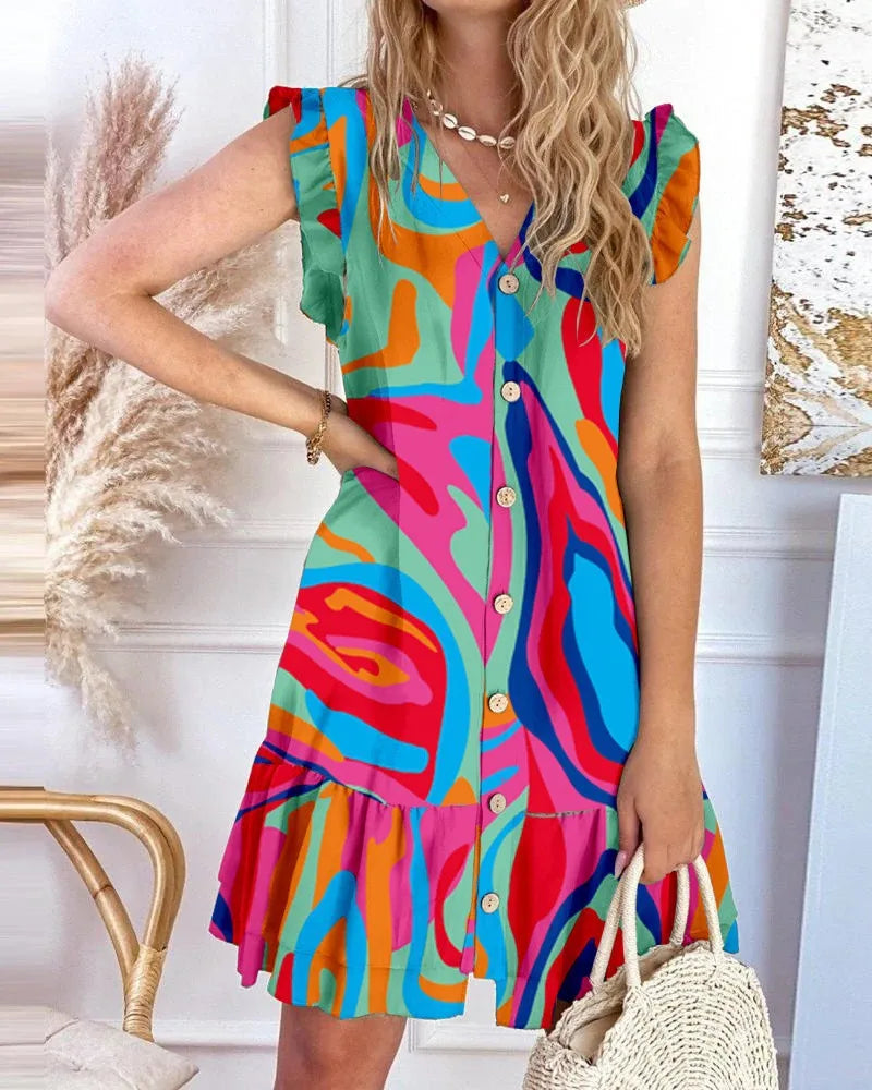 Chic Ruffles Print Dress V-neck