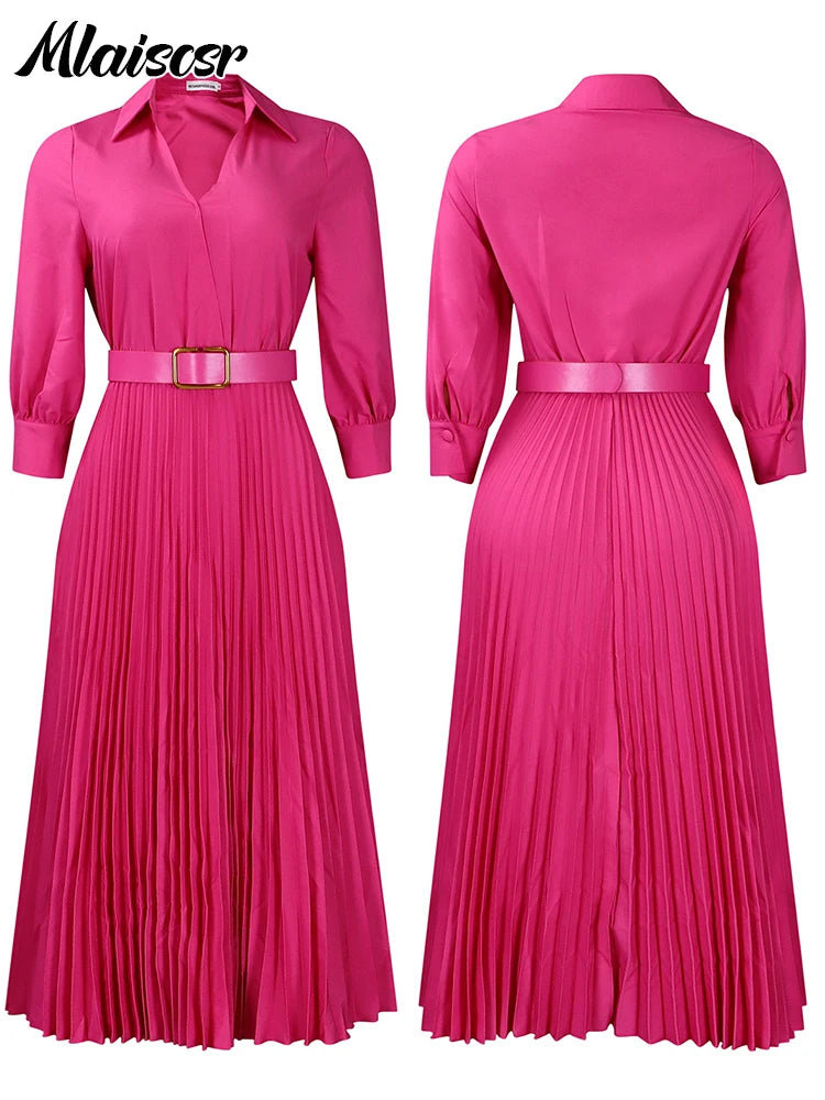 Woman Elegant Plus Size Long Dress, 3/4 Sleeve Dress Pleated Solid Loose Summer Casual Dress With Belt