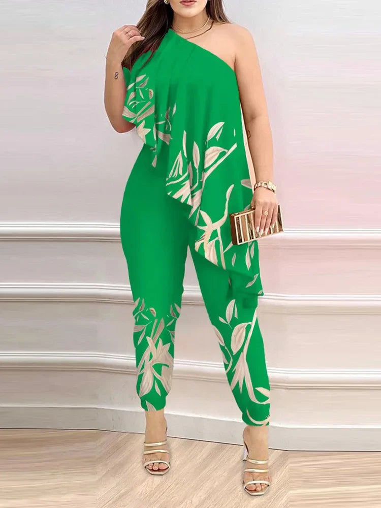 Chic Jumpsuit Floral Print Casual Ruffled Asymmetrical Nech for summer