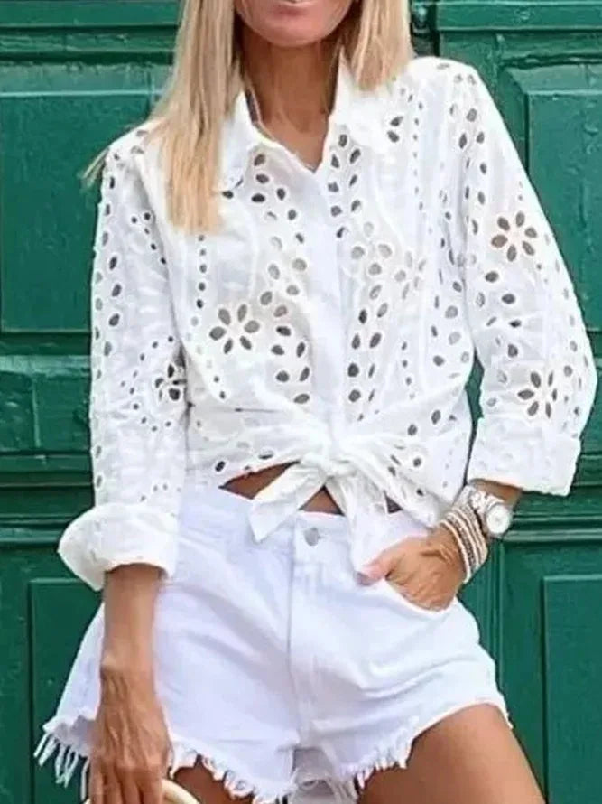 Women's Fashion White Long Sleeve Button Top Shirt