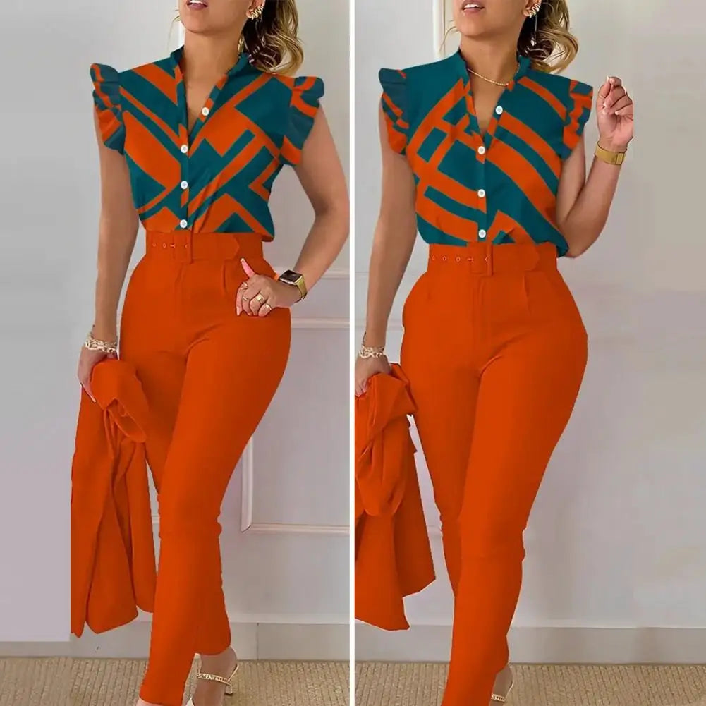 Chic Office 2 pieces Women's casual summer outfit with geometric print short sleeve blouse and solid color pants
