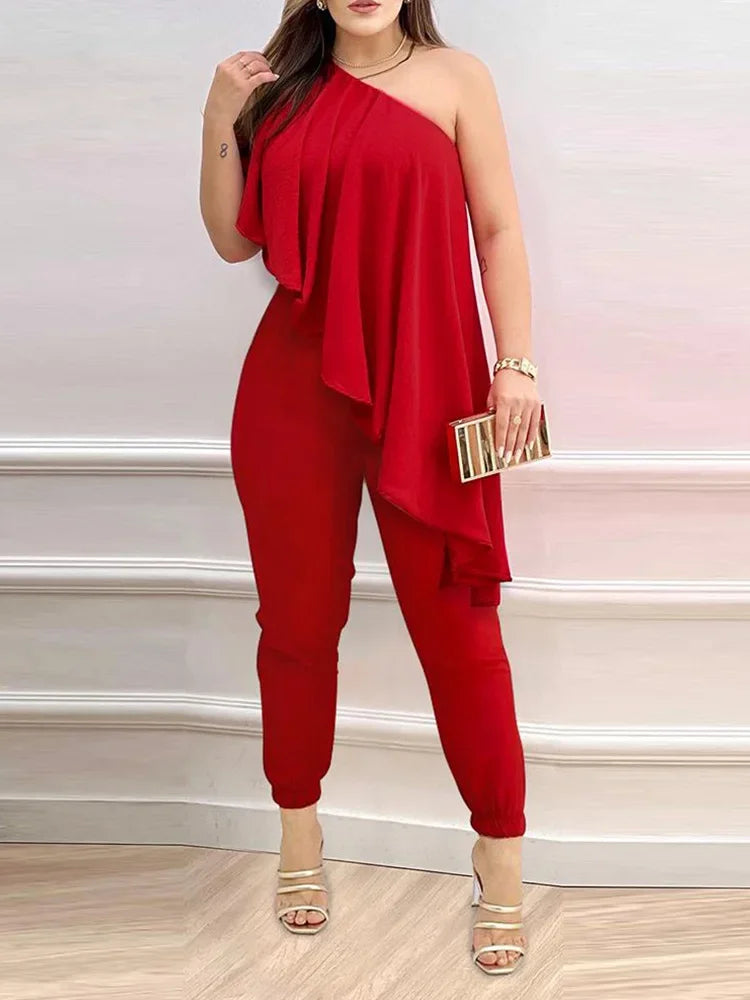 Chic Jumpsuit Floral Print Casual Ruffled Asymmetrical Nech for summer