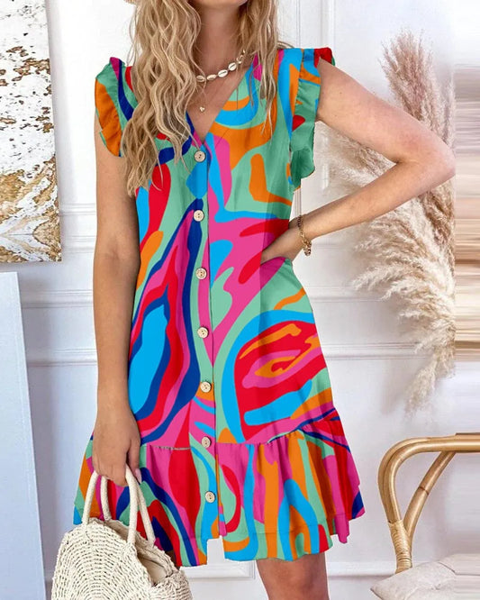 Chic Ruffles Print Dress V-neck