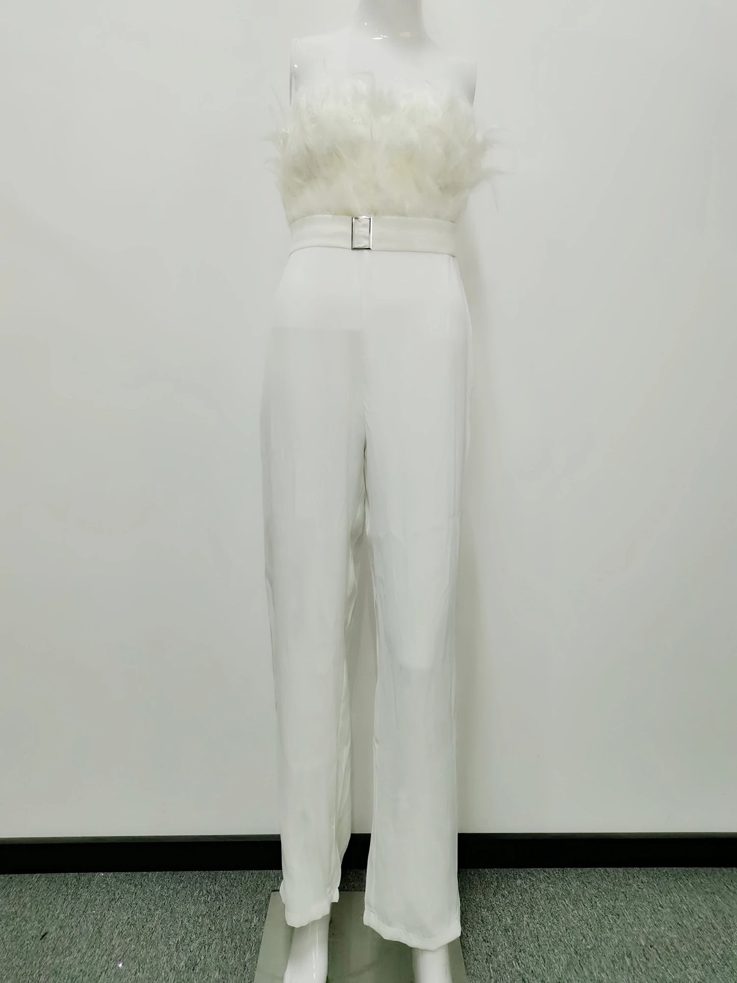 Firerie New Elegant Sexy Luxury Party Girl's Feather Decor Tube Top Jumpsuit Figure Flattering , White color, Autum/ Winter, for valentine day