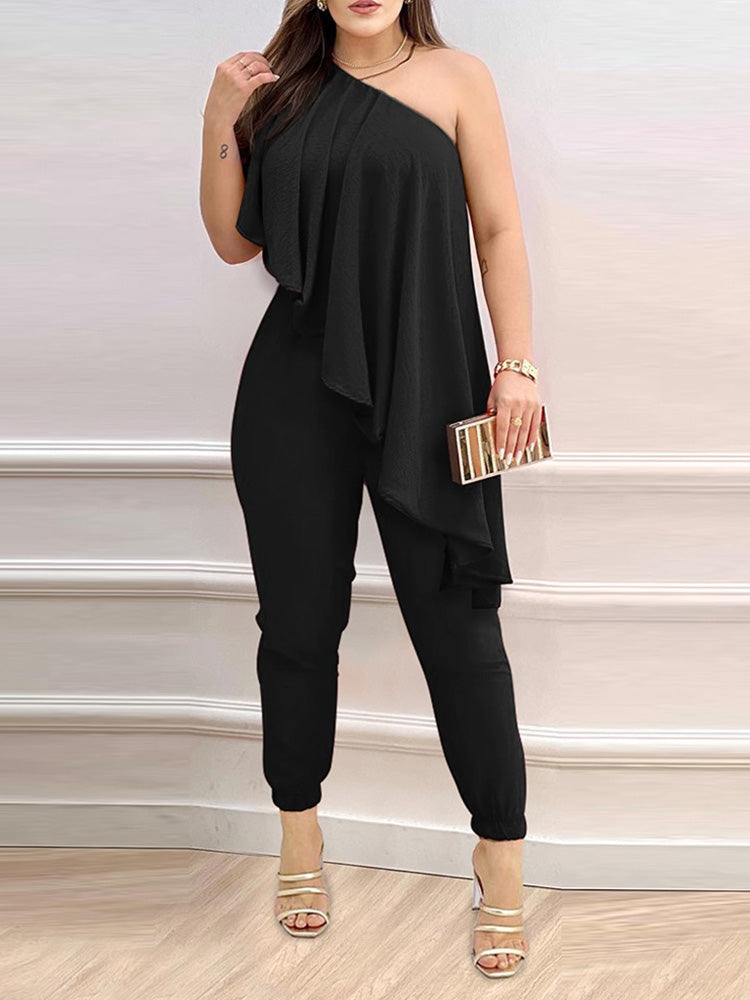 Chic Jumpsuit Floral Print Casual Ruffled Asymmetrical Nech for summer