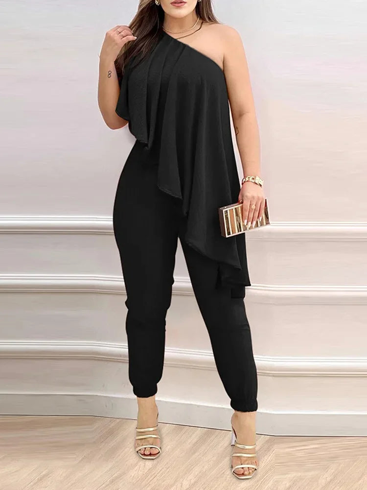 Chic Jumpsuit Floral Print Casual Ruffled Asymmetrical Nech for summer