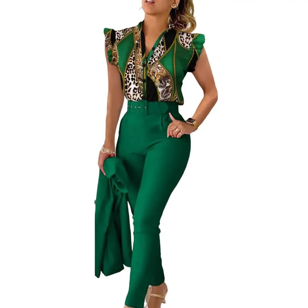 Chic Office 2 pieces Women's casual summer outfit with geometric print short sleeve blouse and solid color pants