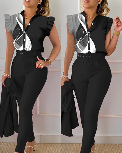 Chic Office 2 pieces Women's casual summer outfit with geometric print short sleeve blouse and solid color pants