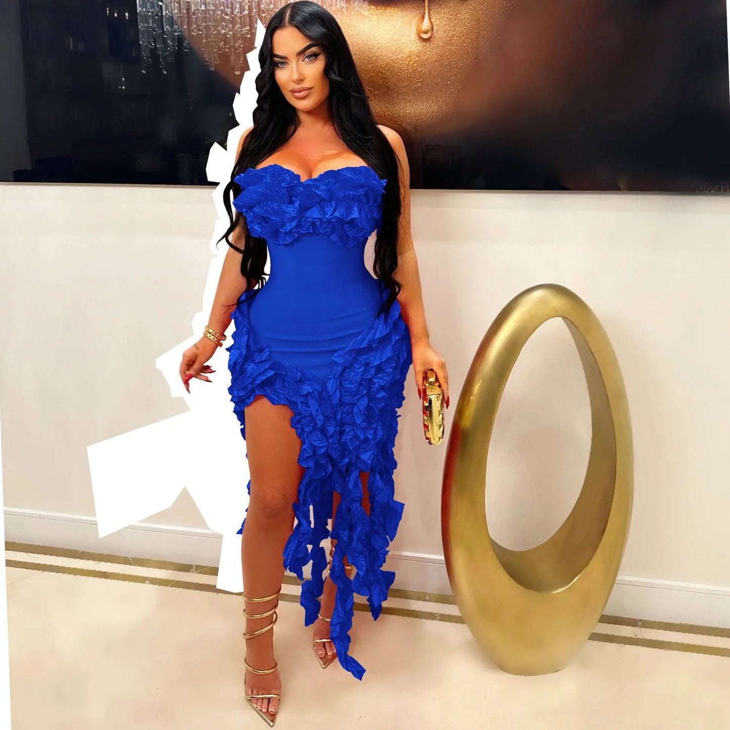Women Strapless Ruffles Tassel Splicing Irregular  Dress