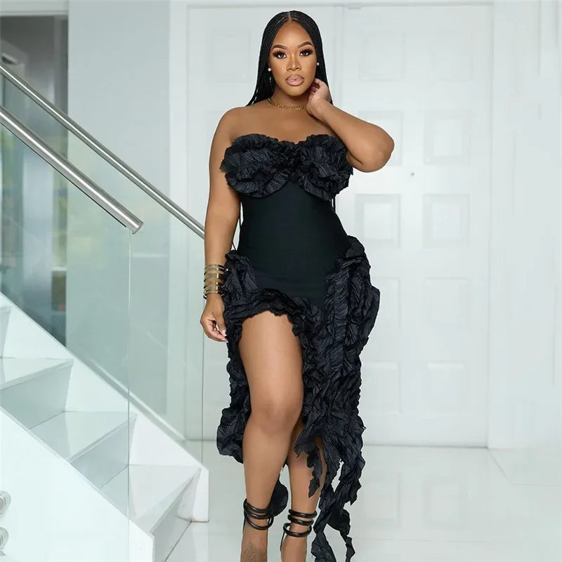Women Strapless Ruffles Tassel Splicing Irregular  Dress