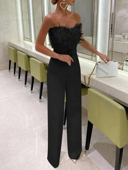 Elegant Long Jumpsuit Strapless Slash Neck Feather