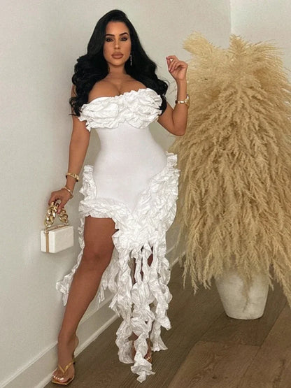 Women Strapless Ruffles Tassel Splicing Irregular  Dress