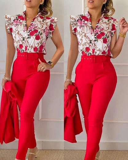 Chic Office 2 pieces Women's casual summer outfit with geometric print short sleeve blouse and solid color pants