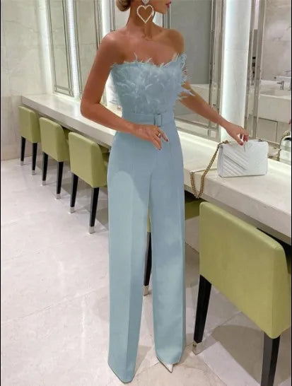 Elegant Long Jumpsuit Strapless Slash Neck Feather