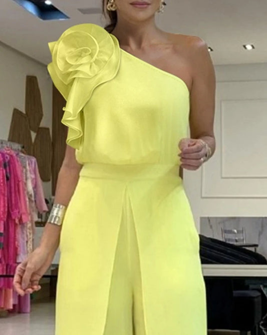 New Style One Shoulder Ruffles Jumpsuit with Floral Design