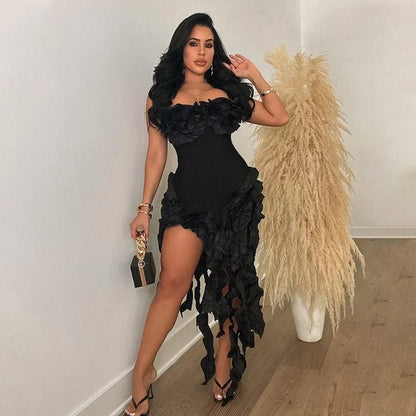 Women Strapless Ruffles Tassel Splicing Irregular  Dress
