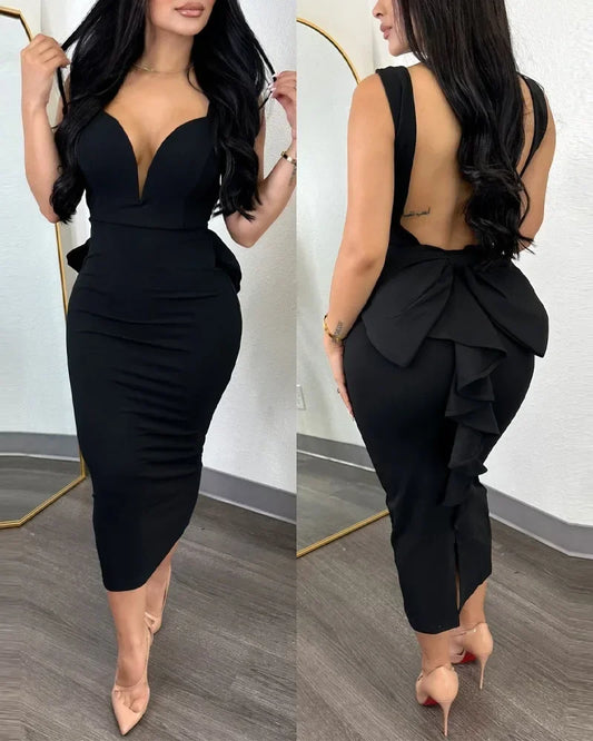 Chic Dresses  V-neck Backless Bowknot Ruffles Back Bodycon