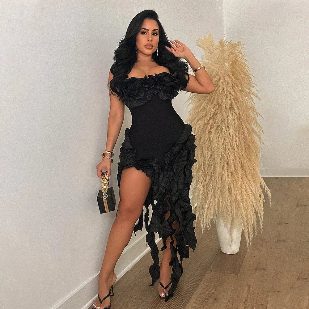 Women Strapless Ruffles Tassel Splicing Irregular  Dress