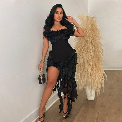 Women Strapless Ruffles Tassel Splicing Irregular  Dress