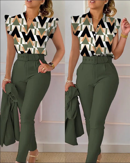 Chic Office 2 pieces Women's casual summer outfit with geometric print short sleeve blouse and solid color pants