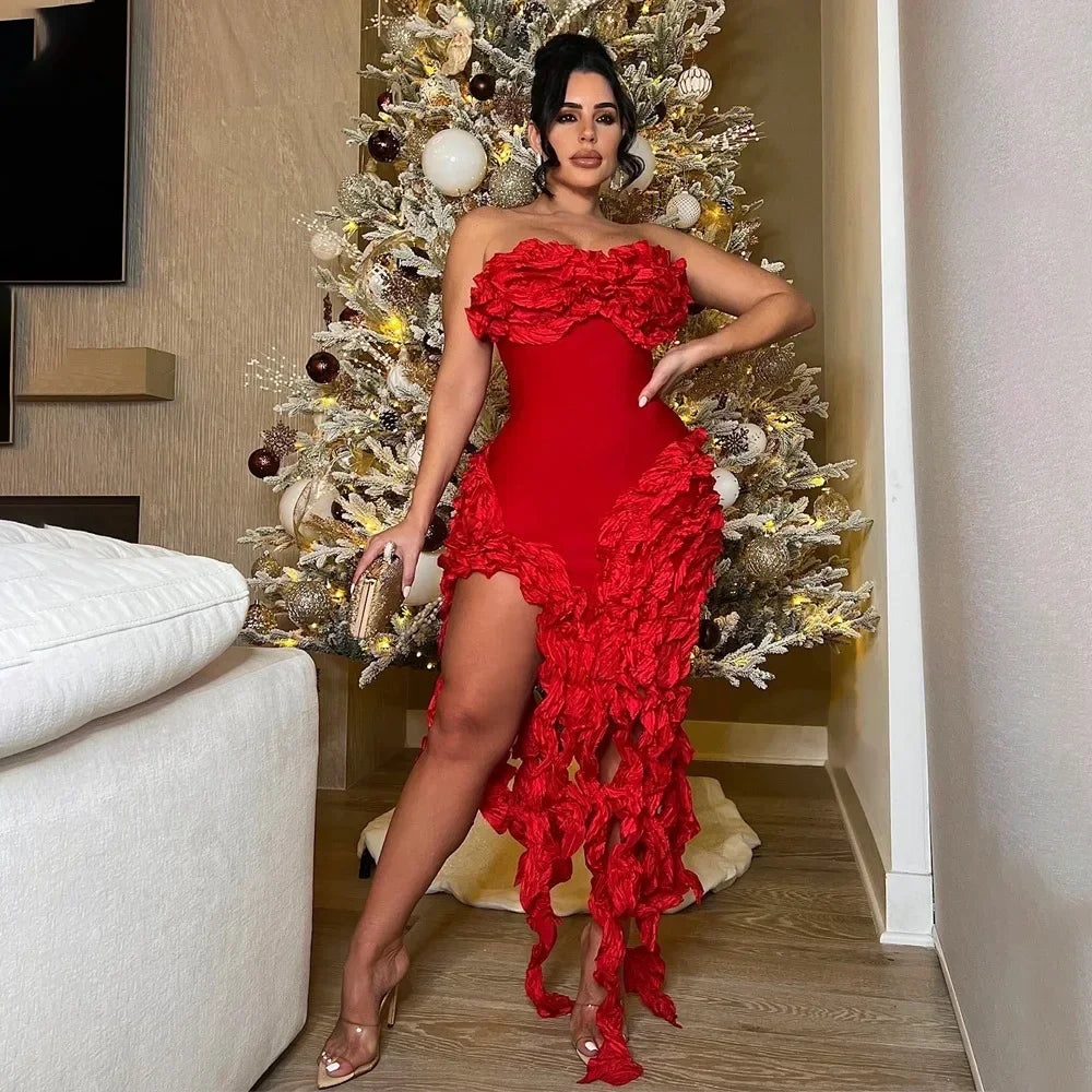 Women Strapless Ruffles Tassel Splicing Irregular  Dress
