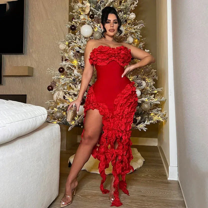Women Strapless Ruffles Tassel Splicing Irregular  Dress