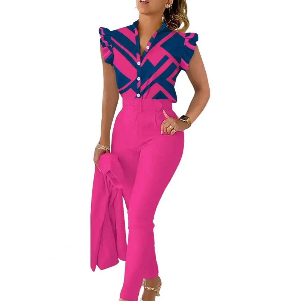 Chic Office 2 pieces Women's casual summer outfit with geometric print short sleeve blouse and solid color pants